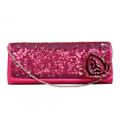 Evening Bag - 12 PCS - Sequined Clutch w/ Flower - Fuchsia - BG-92105FU